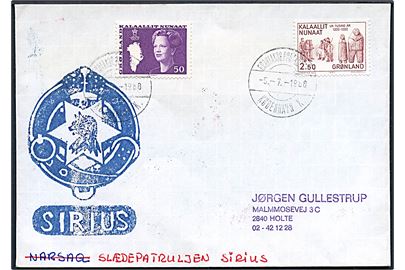 50 øre Margrethe og 2,50 kr. 1000 års udg. på brev stemplet Grønlands Postkontor København K. d. 9.7.1988 og sidestemplet Sirius til Holte.