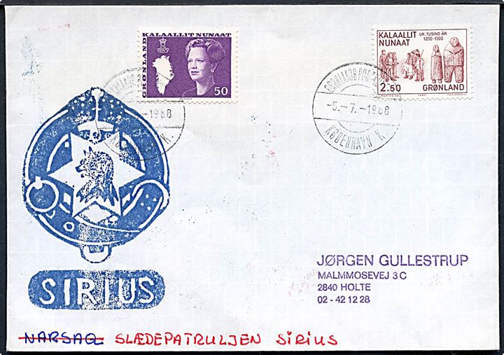50 øre Margrethe og 2,50 kr. 1000 års udg. på brev stemplet Grønlands Postkontor København K. d. 9.7.1988 og sidestemplet Sirius til Holte.