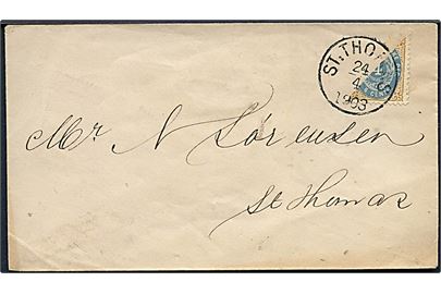 Halveret 4 cents Tofarvet på brev stemplet St: Thomas d. 24.4.1903 til St. Thomas.