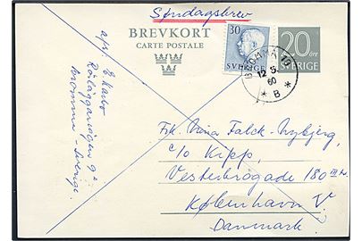 20 öre helsagsbrevkort opfrankeret med 30 öre Gustaf sendt som søndagsbrevkort fra Bromma d. 12.5.1960 til København, Danmark.