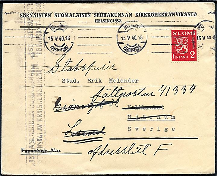 2 mk. Løve på brev fra Helsingfors d. 15.5.1940 til Bjärnum, Sverige - eftersendt til svensk fältpost no. 41334, Litra F. Finsk censur.