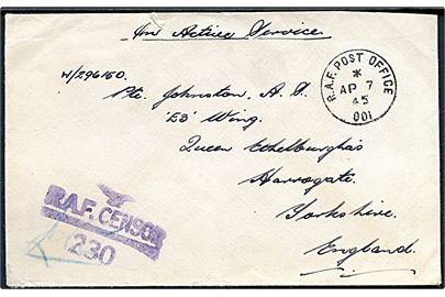 Ufrankeret OAS feltpostbrev stemplet R.A.F. Post Office 001 (= Reykjavik) d. 7.4.1945 til England. Violet unit censor R.A.F. Censor 230.