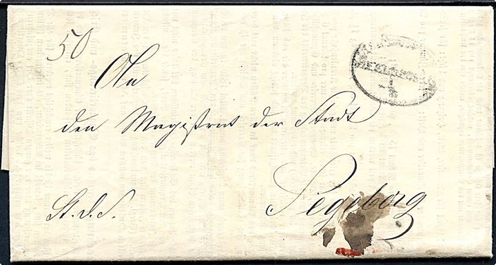 1851. Tjenestebrev med fuldt indhold fra Der Ober-Quartiermeister der Schleswig-Holsteinischen Armee i Rendsburg d. 18.6.1851 med svagt ovalt feltpoststempel til Segeberg.