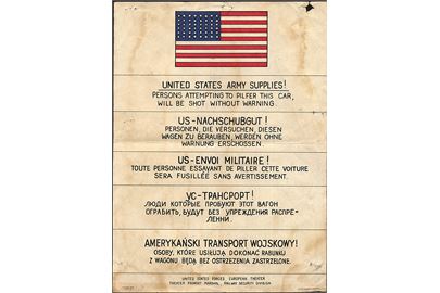 United States Army Supplies!. 5-sproget opslag fra jernbanevogn  med advarsel i tilfælde af tyveri. ET-Form 19-19 (16 Oct 46). 
