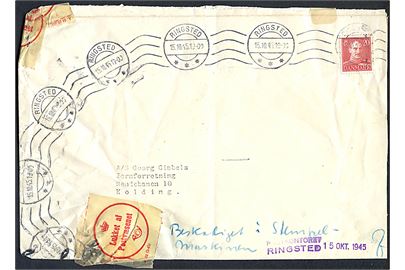 20 øre Chr. X på brev fra Ringsted d. 15.10.1945 til Kolding. Påskrevet Beskadiget i Stempelmaskinen og stemplet Postkontoret Ringsted d. 15.10.1945 og lukket med lukkeoblater A61 (2-45).