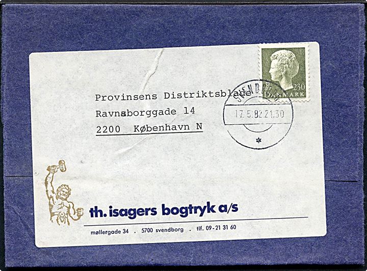 2,30 kr. Margrethe single på korsbånd sendt som tryksag fra Svendborg d. 17.5.1982 til København.