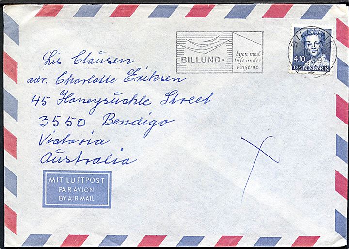 4,10 kr. Margrethe på luftpostbrev annulleret med TMS Billund byen med luft under vingerne/Billund *** d. 10.1.1989 til Bendigo, Australien.