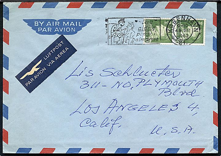 70 øre Fr. IX i parstykke på luftpostbrev fra København d. 4.10.1962 til Los Angeles, USA.