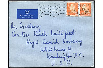 80 øre Fr. IX i parstykke på luftpostbrev fra Fakse d. 23.1.1963 til danske ambassade i Washington, USA.