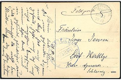 Ufrankeret feltpostkort (Feld-Flieger Abteilung 5) stemplet Feld-Postexped. Ob. Comm. 6. Armee d. 29.12.1915 til Løjt Kirkeby pr. Aabenraa. Svagt briefstempel fra Flieger-Abteilung Nr. 5.