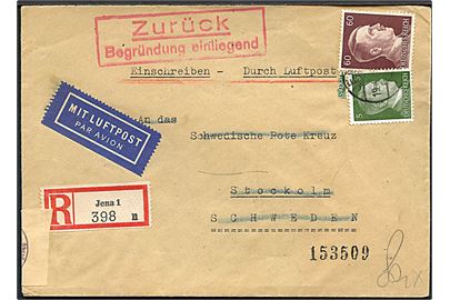 5 pfg. og 60 pfg. Hitler på anbefalet luftpostbrev fra Jena d. 22.4.1943 til Svensk Røde Kors i Stockholm, Sverige. Returneret med rødt rammestempel Zurück / Begründung einliegend. Uden indlagt meddelelse.