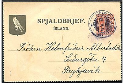10 aur To Konger helsags korrespondancekort stemplet Nordfjördur d. 22.5.1914 til Reykjavik.