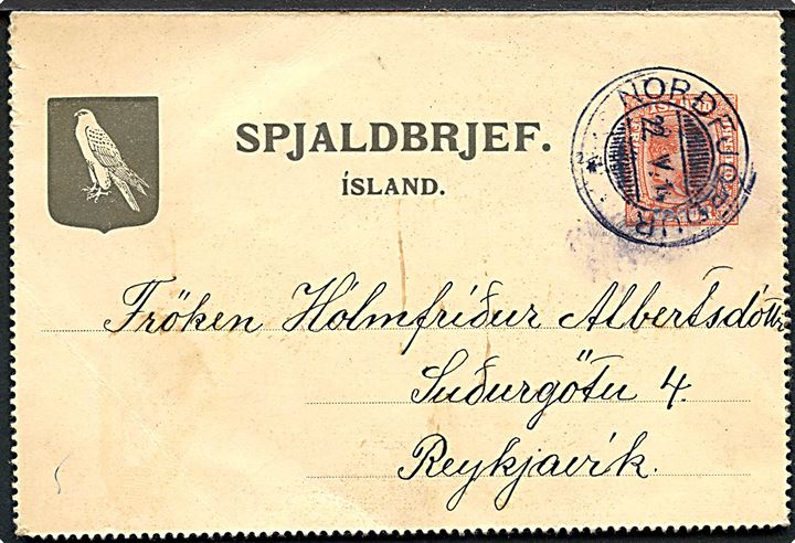 10 aur To Konger helsags korrespondancekort stemplet Nordfjördur d. 22.5.1914 til Reykjavik.