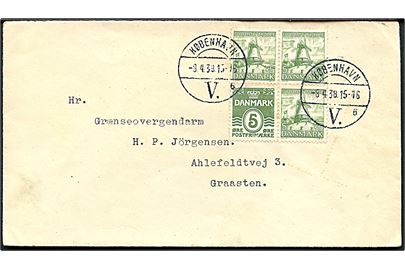 5 øre Bølgelinie og 5+5 øre Dybbøl Mølle i sammentrykt fireblok på brev fra København d. 8.4.1938 til Grænseovergendarm i Graasten.