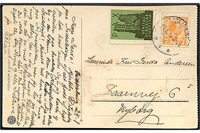 7 øre Chr. X og Verdensfredsmærke på brevkort (Christiania, Norge) fra Kjøbenhavn d. 24.3.1919 til Nyborg.