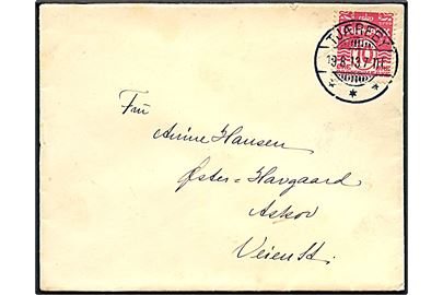 10 øre Bølgelinie på brev annulleret med brotype Ia Tjæreby d. 19.8.1913 til Askov pr. Vejen.