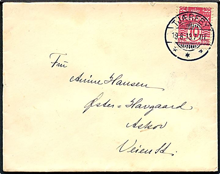 10 øre Bølgelinie på brev annulleret med brotype Ia Tjæreby d. 19.8.1913 til Askov pr. Vejen.