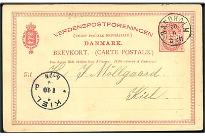 10 øre Våben helsagsbrevkort annulleret med lapidar Bandholm d. 30.9.1889 til Kiel, Tyskland.