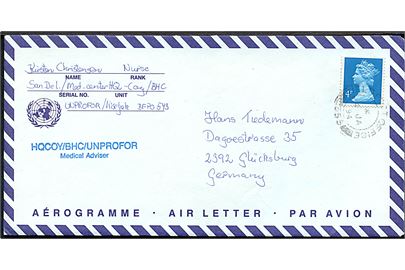 Britisk 4d Elizabeth på FN-aerogram annulleret med feltpoststempel Field Post Office 555 (= Sarajevo, Bosnien) d. 4.1.1994 til Glücksburg, Tyskland. Sendt fra dansk sygeplejeske i San.Del./Med.Center HQ-Coy/BHC UNPROFOR/Kiseljak BFPO 543 med afsstempel HQCOY/BHC/UNPROFOR Medical Adviser.