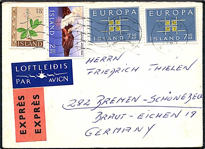 1,50 kr. Blomst, 2 kr. Surtsey og 7 kr. Europa (2) på luftpost ekspresbrev fra Keflavik d. 23.9.1965 via Reykjavik og Hamburg til Bremen, Tyskland.
