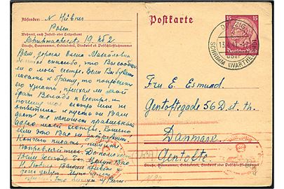 15 pfg. Hindenburg helsagsbrevkort stemplet Dolzig über Schrimm (Wartheland) d. 13.4.1941 til Gentofte, Danmark. Tysk censur.