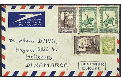 6 e. blandingsfrankeret luftpostbrev fra Quelimane via Lumbo d. 26.3.1948 og Lourenco Marques til Hellerup, Danmark.