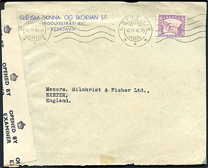 60 aur Gullfoss single på brev fra Reykjavik d. 10.4.1945 til Exeter, England. Åbnet af britisk censur PC90/5164.