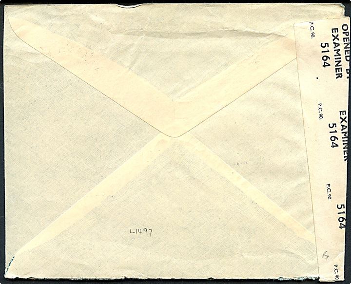 60 aur Gullfoss single på brev fra Reykjavik d. 10.4.1945 til Exeter, England. Åbnet af britisk censur PC90/5164.