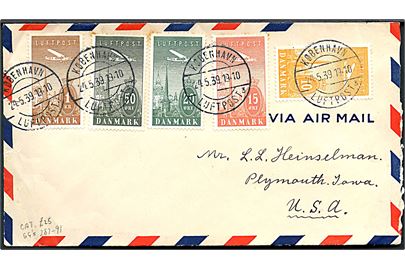 Komplet sæt Luftpost på luftpostbrev annulleret København Luftpost sn3 d. 24.5.1939 til Plymouth, USA.