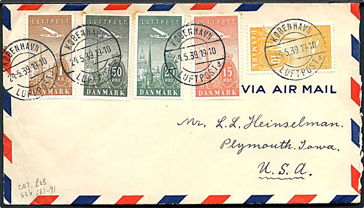 Komplet sæt Luftpost på luftpostbrev annulleret København Luftpost sn3 d. 24.5.1939 til Plymouth, USA.