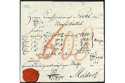 1812. Pakkefølgebrev for 4 pengeposer fra Altona d. 23.10.1812 til Meldorf. Flere påtegninger.