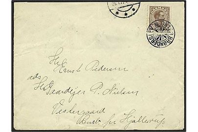 20 øre Chr. X på brev annulleret med stjernestempel ØSTER BRØNDERSLEV sidestemplet d. 26.1.1922 til Hjallerup. Klippet på bagsiden.