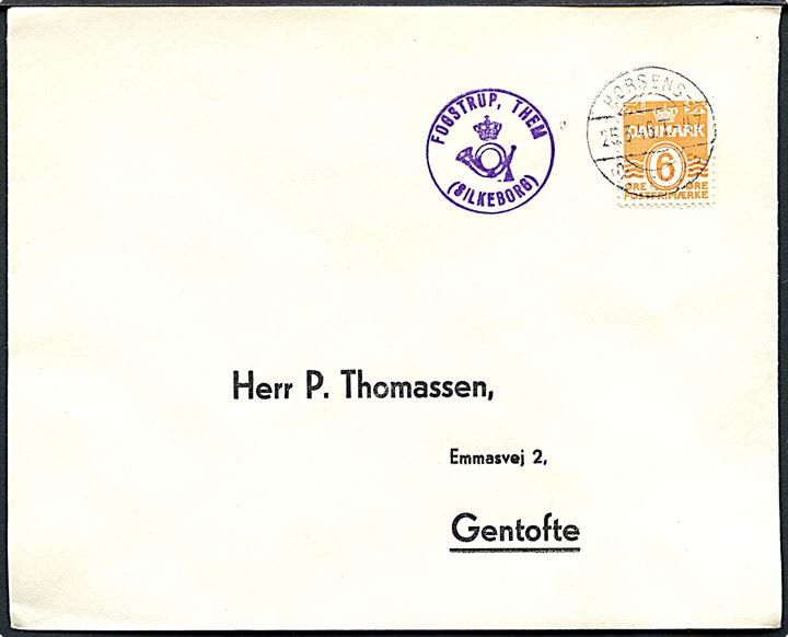 6 øre Bølgelinie på filatelistisk tryksag annulleret med bureaustempel Horsens - Silkeborg T.47 d. 25.3.1946 og sidestemplet med posthornstempel FOGSTRUP, THEM (SILKEBORG) til Gentofte.