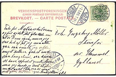 5 øre Chr. IX på brevkort annulleret med stjernestempel MUNKEBJERGBY og sidestemplet med bureau Sorø - Vedde T.28 d. 7.1.1906 til Hammel.