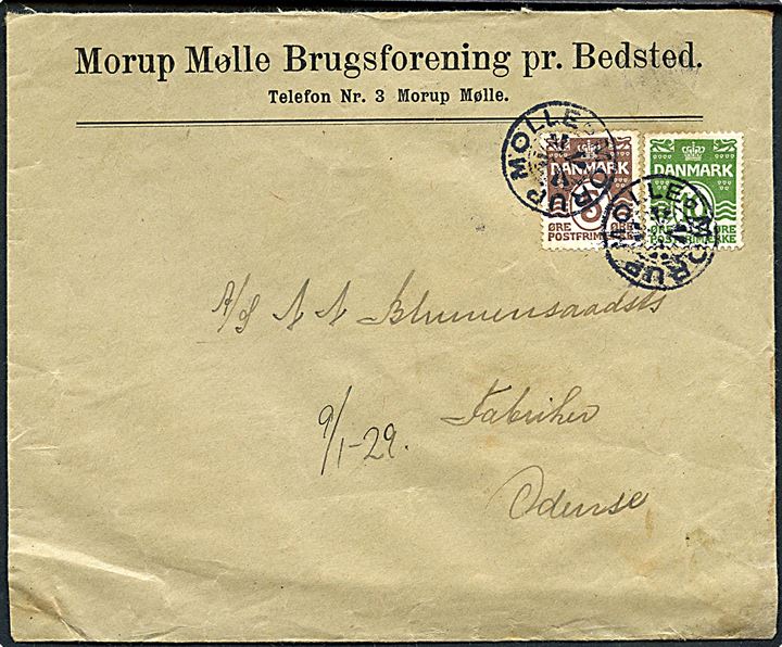5 øre og 10 øre Bølgelinie på brev annulleret med stjernestempel MORUP MØLLE i 1929 til Odense