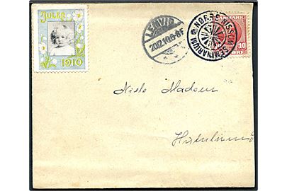 10 øre Fr. VIII på brev annulleret med stjernestempel NØRRE NISSUM SEMINARIUM og sidestemplet Lemvig d. 20.12.1910 til Humlum. Afkortet i højre side.