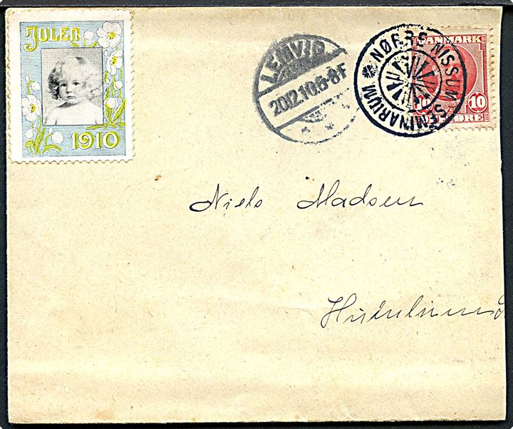 10 øre Fr. VIII på brev annulleret med stjernestempel NØRRE NISSUM SEMINARIUM og sidestemplet Lemvig d. 20.12.1910 til Humlum. Afkortet i højre side.
