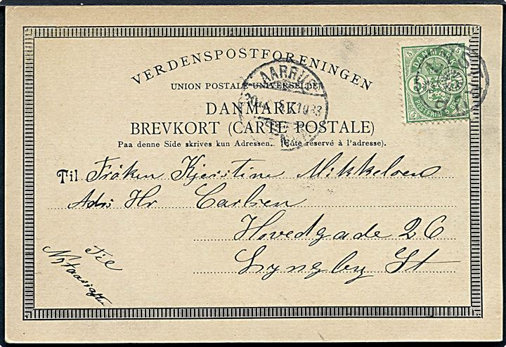 5 øre Våben på brevkort (Hilsen fra Lystrup) annulleret med stjernestempel LYSTRUP og sidestemplet med svagt bureaustempel Aarhus - Grenaa 1905 til Lyngby.