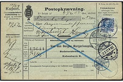 20 øre Fr. VIII på retur postopkrævning fra Kjøbenhavn d. 16.2.1912 til Lumbsaas - forsøgt pr. Nykjøbing Sj. og Højby S. Returneret med stjernestempel LUMBSAAS.