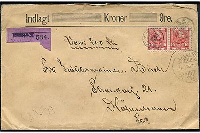 10 øre Chr. IX i parstykke på værdibrev annulleret med stjernestempel KVISSEL og sidestemplet bureau Aalborg - Frederikshavn d. 12.11.1905 til Kjøbenhavn.
