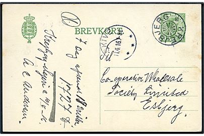 5 øre Chr. X helsagsbrevkort annulleret med stjernestempel KREJBJERG og sidestemplet Skive d. 11.4.1916 til Esbjerg.