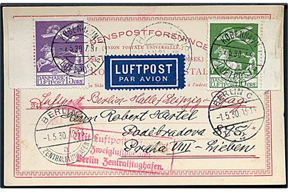 10 øre og 15 øre Luftpost på luftpost brevkort stemplet København Luftpost sn2 d. 1.5.1930 via Berlin til Prag, Tjekkoslovakiet. Rammestempel: Mit Luftpost befördert Zweigluftpostamt Berlin Zentralflughafen.