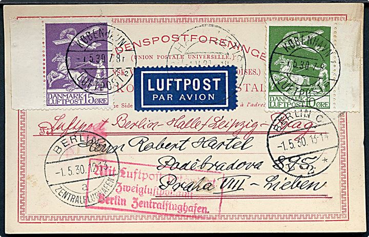 10 øre og 15 øre Luftpost på luftpost brevkort stemplet København Luftpost sn2 d. 1.5.1930 via Berlin til Prag, Tjekkoslovakiet. Rammestempel: Mit Luftpost befördert Zweigluftpostamt Berlin Zentralflughafen.