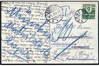 5 øre Bølgelinie på underfrankeret brevkort annulleret med stjernestempel KORNERUP og sidestemplet Roskilde d. 8.4.1913 til Arco, Østrig - eftersendt og udtakseret i porto.