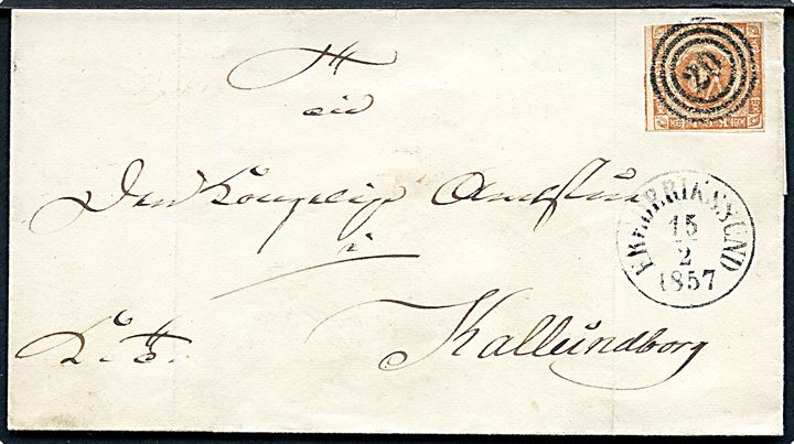 4 sk. 1854 udg. på brev annulleret med nr.stempel 20 og sidestemplet antiqua Frederikssund d. 15.2.1857 til Kallundborg.