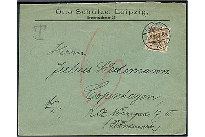 3 pfg. Ciffer på underfrankeret tryksag fra Leipzig d. 31.8.1898 til København, Danmark. Udtakseret i 6 øre dansk porto.