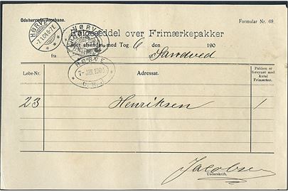 Odsherreds Jernbane. Følgeseddel over Frimærkepakker med ovalt jernbanestempel Hørve * O.H.J. * d. 7.1.1904 og brotype stempel Hørve d. 7.1.1904 til Sandved.