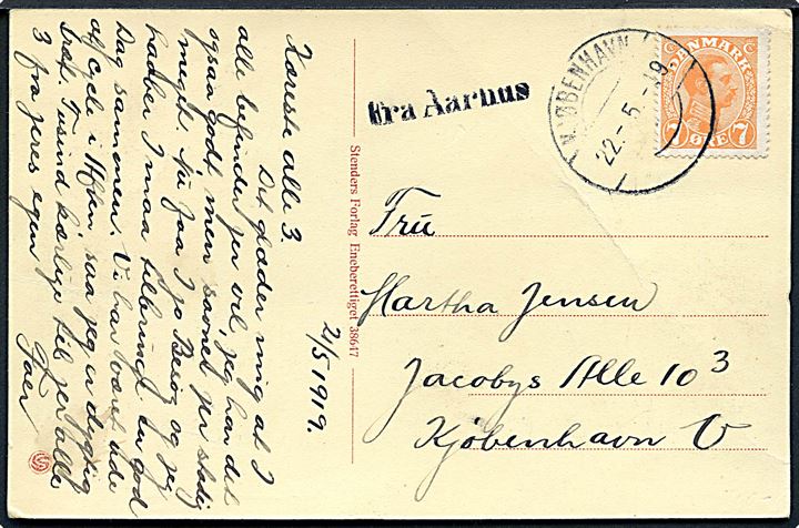 7 øre Chr. X på brevkort fra Aarhus annulleret med sjældent brotype IIh Kjøbenhavn d. 22.5.1919 og sidestemplet Fra Aarhus til København.