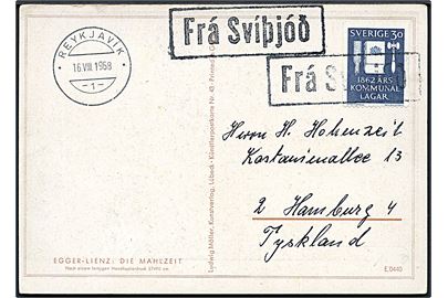30 öre Kommunal Lager på brevkort annulleret med islandsk skibsstempel Frá Svíþjóð (Fra Sverige) og sidestemplet Reykjavik d. 16.8.1968 til Hamburg, Tyskland. 