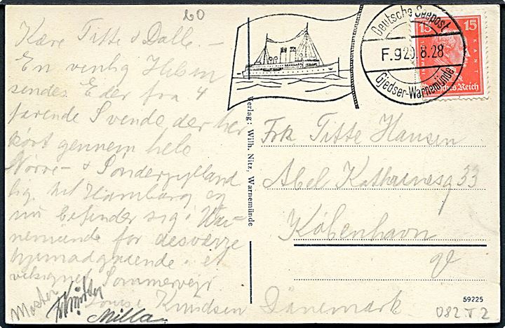 Tysk 15 pfg. på brevkort (Warnemünde strand) annulleret med skibsstempel Deutsche Seepost Gjedser - Warnemünde F.9 d. 20.8.1928 til København, Danmark.